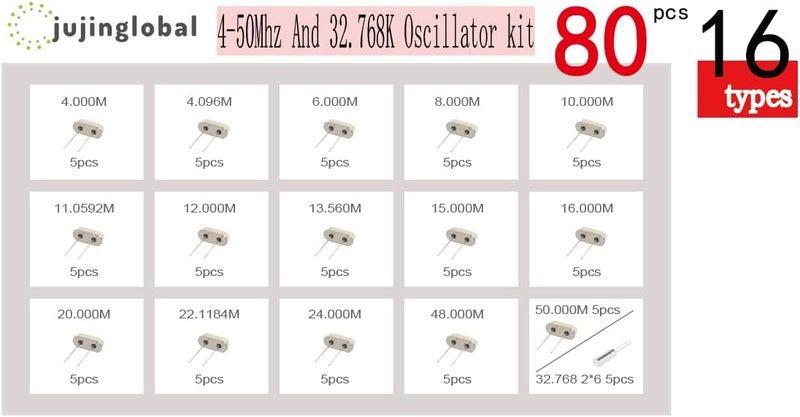 jujinglobal 80pcs 16 Types Crystal Resonators Oscillator Assortment Kit 4MHz, 4.096MHz, 6MHz, 8MHz, 10MHz, 11.0592MHz, 12MHz, 13.56MHz, 15MHz, 16MHz, 20MHz, 22.1184MHz, 24MHz, 48MHz, 50Mhz, 32.768Mhz 2x6mm - Image 2